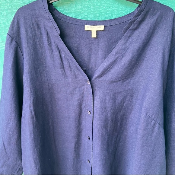 EILEEN FISHER LINEN ORGANIC MANDARIN COLLAR BUTTON DOWN SHIRT SIZE 1X NAVY BLUE - Picture 5 of 8